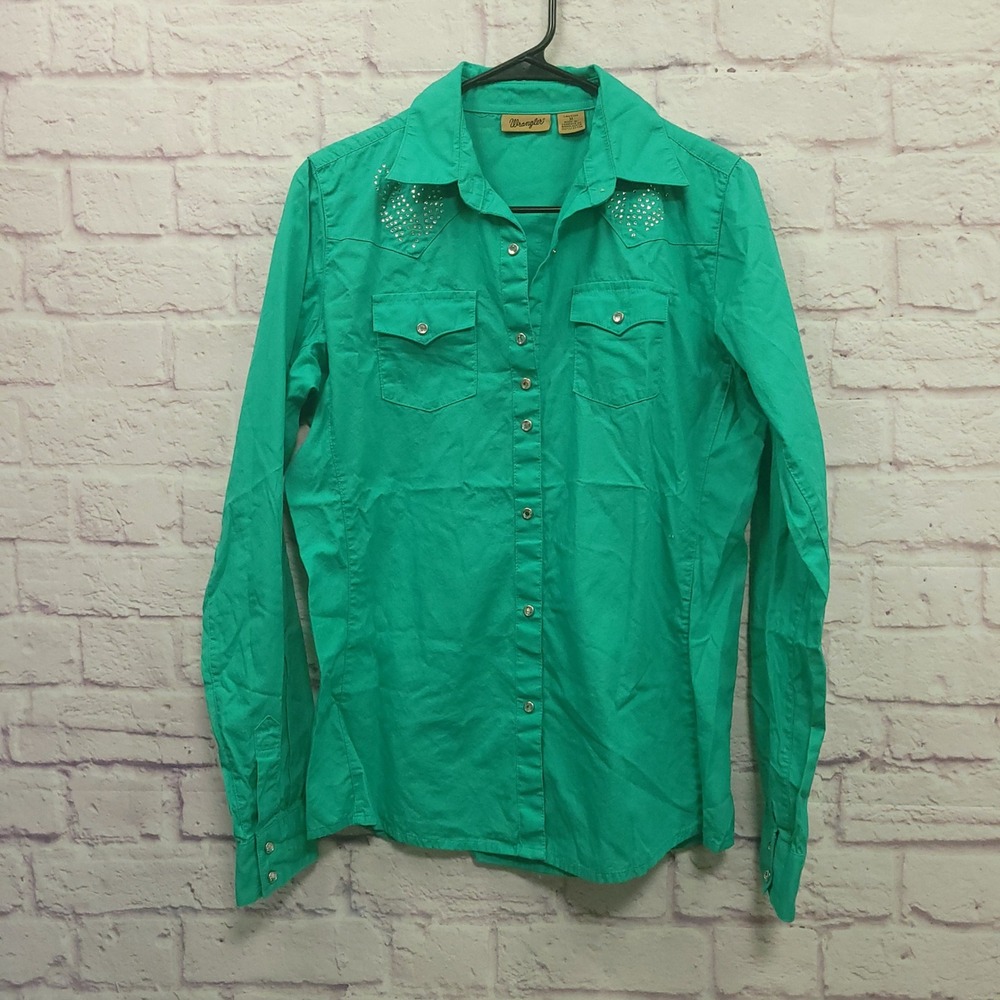 Wrangler Green Rhinestone Western Shirt Women M Pearl Snap 100% Cotton Festival